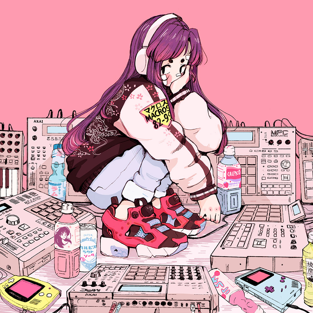 1girl bangs bottle buttons can crisalys denim dragon drink game_boy game_boy_advance hand_on_own_cheek handheld_game_console headphones instrument jeans keyboard_(instrument) long_hair long_sleeves looking_at_viewer music original pants pink_background puffy_sleeves purple_hair red_footwear shoes sneakers solo squatting synthesizer wire
