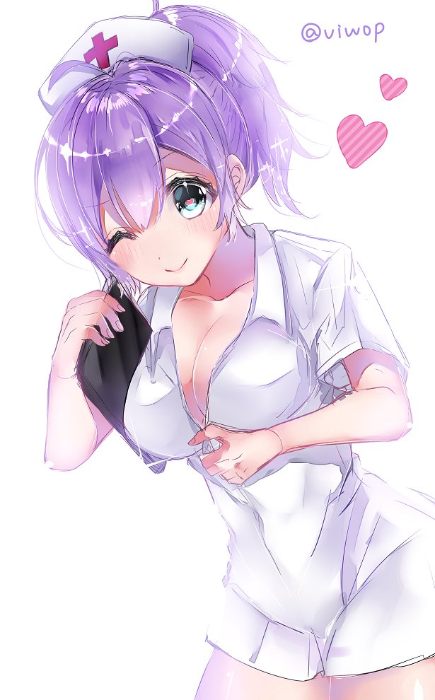 1girl alternate_costume aoba_(kantai_collection) blue_eyes blush breasts closed_mouth eyebrows_visible_through_hair hair_between_eyes hat heart heart_in_eye kantai_collection large_breasts long_hair no_bra nurse nurse_cap one_eye_closed purple_hair short_sleeves simple_background smile solo symbol_in_eye twitter_username viwop white_background