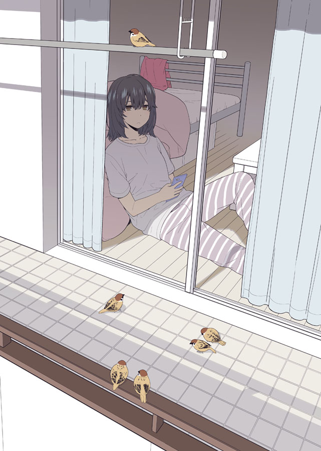 1girl animal balcony bed bird bird_request black_hair brown_eyes cellphone curtains from_outside holding holding_phone jitome mattaku_mousuke medium_hair on_floor original pants phone shade shirt short_sleeves sitting sitting_on_floor sliding_doors smartphone solo striped striped_pants