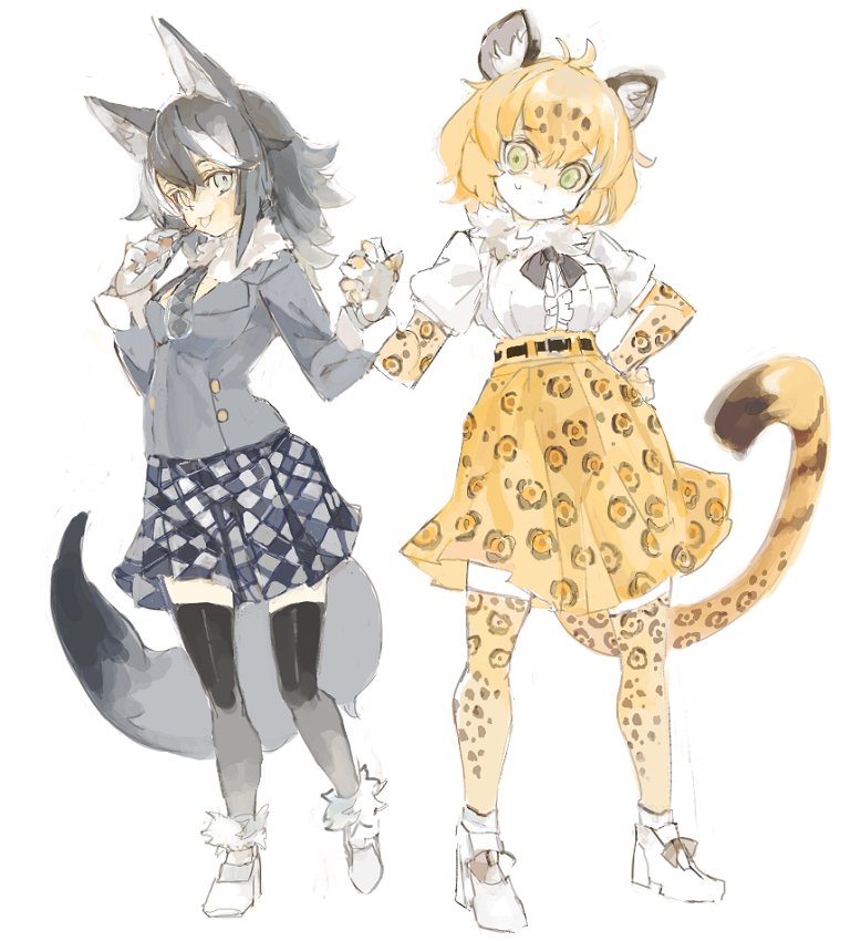 2girls animal_ears belt blonde_hair bow bowtie calligraphy_brush center_frills coat commentary_request elbow_gloves fur_collar fur_trim gloves grey_hair grey_wolf_(kemono_friends) hand_holding jaguar_(kemono_friends) jaguar_ears jaguar_print jaguar_tail kemono_friends konabetate long_hair long_sleeves multicolored_hair multiple_girls necktie paintbrush plaid plaid_skirt pleated_skirt puffy_short_sleeves puffy_sleeves short_hair short_sleeves skirt sleeve_cuffs sweatdrop tail thigh-highs white_hair wolf_ears wolf_tail