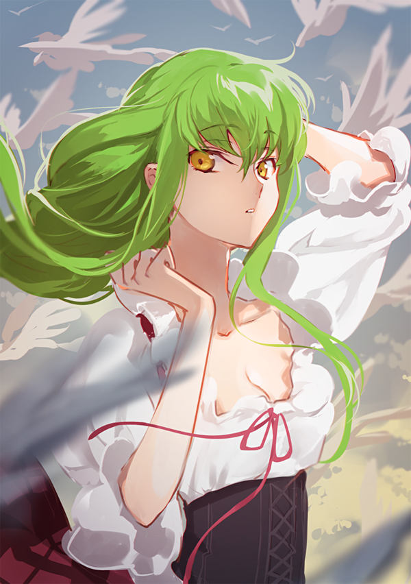 1girl bangs braid breasts c.c. code_geass commentary_request creayus day dress eyebrows_visible_through_hair feathers floating_hair fringe green_hair hand_behind_head long_hair looking_at_viewer medium_breasts outdoors parted_lips puffy_sleeves short_sleeves sidelocks sky upper_body yellow_eyes