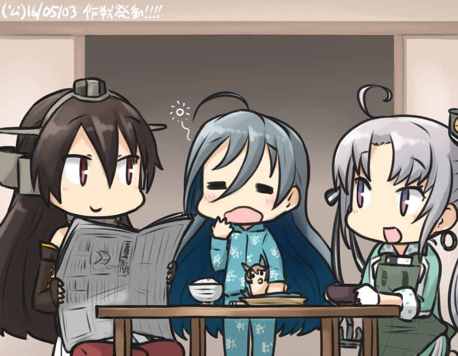 3girls :d =_= ahoge akitsushima_(kantai_collection) apron black_hair blue_hair blush breakfast commentary_request dated elbow_gloves gloves grey_hair hamu_koutarou hat headgear kantai_collection kiyoshimo_(kantai_collection) long_hair multicolored_hair multiple_girls mutsu_(kantai_collection) mutsu_(snail) nagato_(kantai_collection) newspaper open_mouth pajamas red_eyes rice_bowl seiza side_ponytail sitting smile table violet_eyes yawning