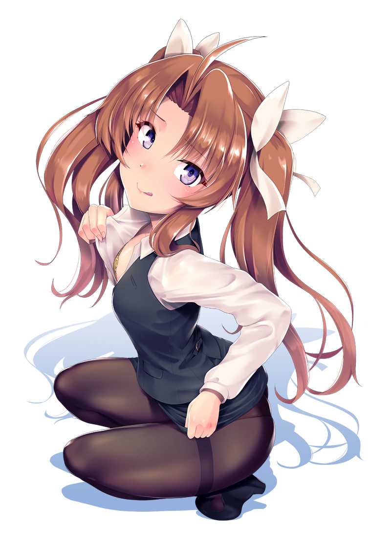 8000 :q ahoge alternate_costume black_footwear black_legwear black_skirt black_vest blush bra bra_peek breasts brown_hair collared_shirt hair_ribbon head_tilt high_heels kagerou_(kantai_collection) kantai_collection long_hair long_sleeves looking_at_viewer medium_breasts nail_polish pantyhose pink_nails ribbon shirt shirt_tug sidelocks skirt smile squatting thigh-highs thighband_pantyhose tongue tongue_out twintails underwear vest violet_eyes white_ribbon white_shirt