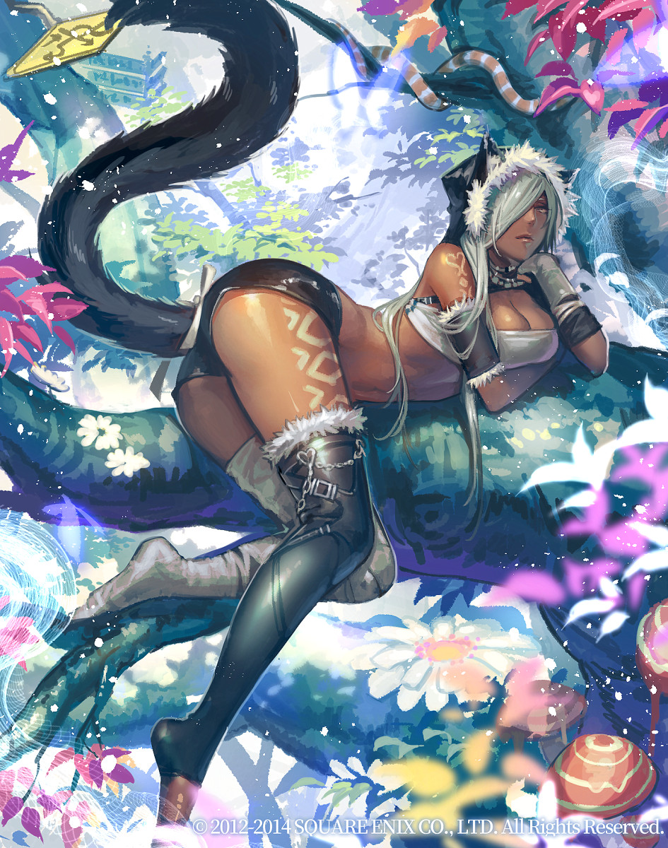 1girl animal_ears ass boots breasts cat_ears cheshire_cat chin_rest cleavage dark_skin day full_body guardian_cross hair_over_one_eye heart highres in_tree large_breasts lying midriff official_art on_side outdoors silver_hair snake tail tattoo thigh-highs thigh_boots tree watermark white_legwear yamada_rokkaku