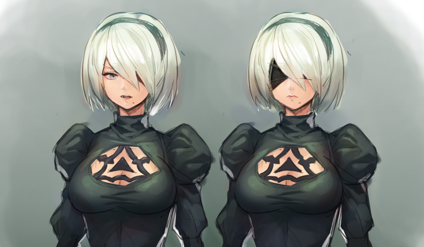 1girl black_hairband blindfold breasts cleavage cleavage_cutout closed_mouth hair_over_one_eye hairband juliet_sleeves large_breasts long_sleeves mole mole_under_mouth nier_(series) nier_automata open_mouth potato_(sksnabi) puffy_sleeves short_hair solo teeth turtleneck upper_body white_eyes white_hair yorha_no._2_type_b