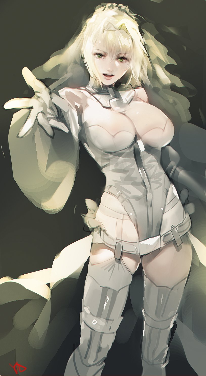 1girl blonde_hair bodysuit breasts bridal_veil cleavage commentary detached_collar fate/grand_order fate_(series) full-length_zipper garter_straps green_eyes hair_intakes head_wreath highres large_breasts leotard lock nero_claudius_(bride)_(fate) nero_claudius_(fate)_(all) open_mouth outstretched_arm outstretched_hand padlock signature sketch strapless strapless_leotard thigh-highs veil white_bodysuit white_legwear white_leotard wide_sleeves work_in_progress yang-do zipper zipper_pull_tab