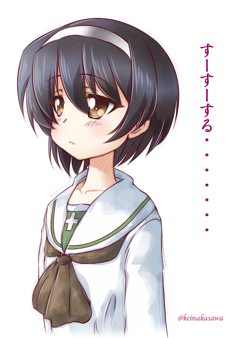 1girl alternate_hair_length alternate_hairstyle bangs black_hair black_neckwear blouse brown_eyes closed_mouth eyebrows_visible_through_hair frown girls_und_panzer hairband long_sleeves nakasawa_kei neckerchief ooarai_school_uniform reizei_mako school_uniform serafuku short_hair simple_background solo standing translation_request twitter_username upper_body white_background white_blouse white_hairband