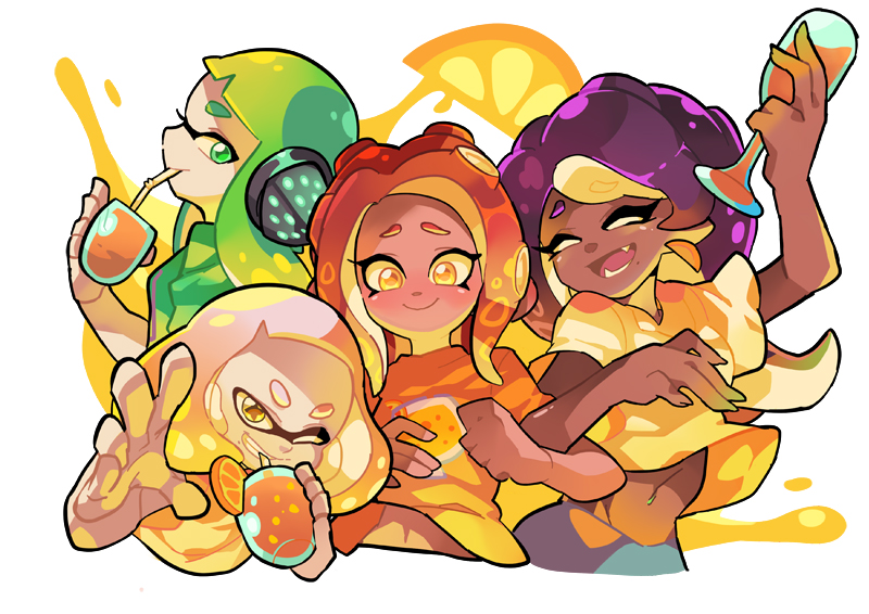 4girls agent_8 blush closed_eyes cup dark_skin drinking_glass fangs food fruit green_eyes hime_(splatoon) iida_(splatoon) inkling locked_arms mole mole_under_mouth multiple_girls octoling orange orange_juice orange_slice smile splatoon splatoon_2 splatoon_2:_octo_expansion squidbeak_splatoon symbol-shaped_pupils tentacle_hair wong_ying_chee yellow_eyes