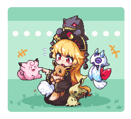 1girl black_hat blonde_hair chinese_clothes eevee hat junko_(touhou) kumamoto_(bbtonhk2) long_hair lowres outstretched_arm pixel_art pokemon red_eyes sweatdrop touhou