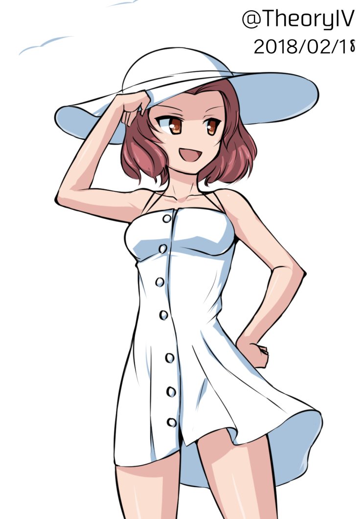 1girl aegis_(nerocc) bird brown_eyes buttons casual commentary cowboy_shot dated dress girls_und_panzer hand_on_headwear hand_on_hip hat looking_to_the_side open_mouth redhead rosehip seagull short_dress short_hair simple_background smile solo spaghetti_strap standing sun_hat sundress twitter_username white_background white_dress white_hat wind