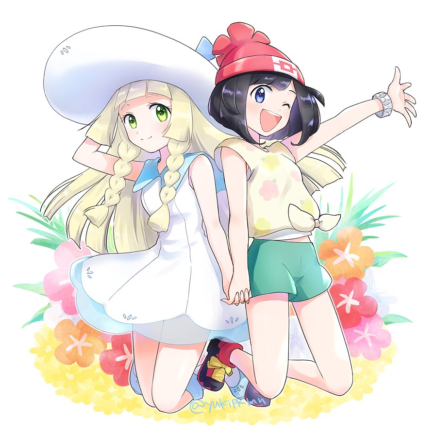 2girls beanie black_hair blonde_hair blue_eyes braid dress flower green_eyes green_shorts hand_holding hand_on_headwear hat lillie_(pokemon) long_hair mizuki_(pokemon) multiple_girls one_eye_closed open_mouth pokemon pokemon_(game) pokemon_sm red_hat shirt short_hair short_sleeves shorts sleeveless sleeveless_dress smile sun_hat tied_shirt twin_braids twitter_username white_dress white_hat yuki56 z-ring