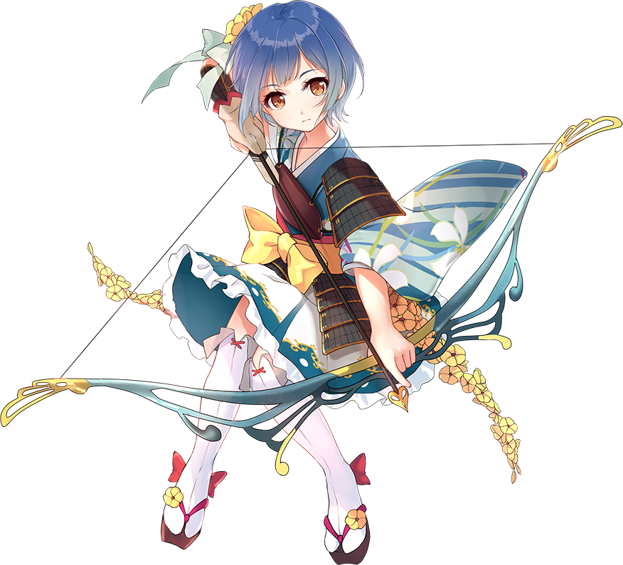 1girl archery arrow artist_request blue_hair blue_skirt bow_(weapon) brown_eyes flower full_body gloves hair_flower hair_ornament holding holding_arrow holding_bow_(weapon) holding_weapon kitsuki_(oshiro_project) kyuudou muneate official_art oshiro_project oshiro_project_re partly_fingerless_gloves quiver short_hair skirt smile transparent_background weapon yugake