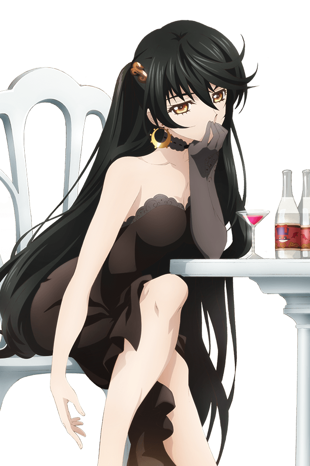 1girl bangs black_dress black_hair breasts choker cleavage collarbone covering_mouth dress earrings eyebrows_visible_through_hair hair_ornament hand_over_own_mouth jewelry leaning_forward legs_crossed long_hair looking_at_viewer medium_breasts official_art sitting sleeveless sleeveless_dress solo strapless strapless_dress tales_of_(series) tales_of_asteria tales_of_berseria transparent_background velvet_crowe very_long_hair yellow_eyes