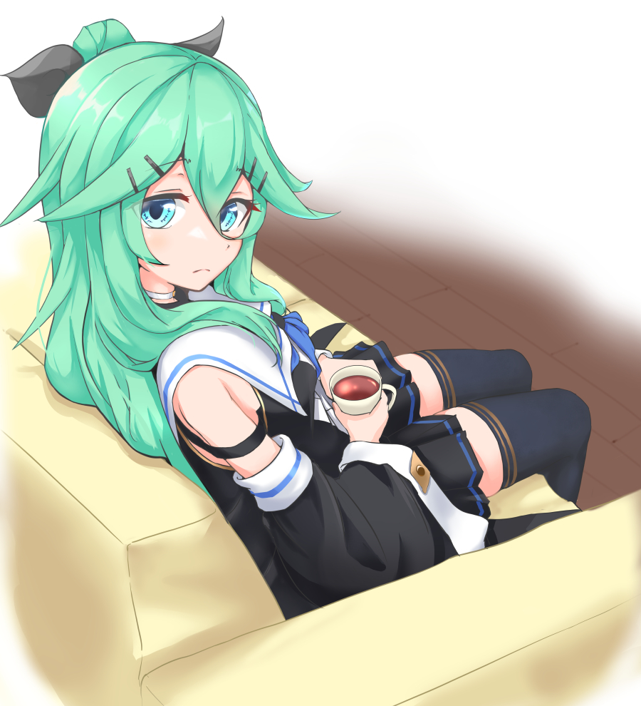 1girl black_legwear black_ribbon black_serafuku black_skirt blue_neckwear blue_ribbon couch cup detached_sleeves green_eyes green_hair hair_between_eyes hair_flaps hair_ornament hair_ribbon hairclip kantai_collection long_hair looking_at_viewer looking_to_the_side neckerchief pleated_skirt ponytail ribbon sailor_collar school_uniform serafuku sitting skirt solo thigh-highs yamakaze_(kantai_collection) yumemi_kusamochi