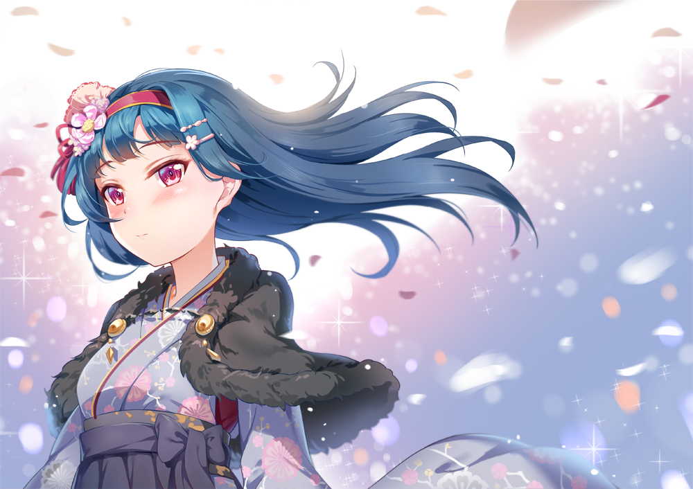 1girl bangs black_capelet blue_hair blue_kimono blush capelet floral_print flower fur-trimmed_capelet fur_trim hair_flower hair_ornament hairband hairpin hakama japanese_clothes kimono long_hair looking_at_viewer love_live! love_live!_sunshine!! miazi petals pink_flower red_hairband solo sparkle tsushima_yoshiko upper_body violet_eyes