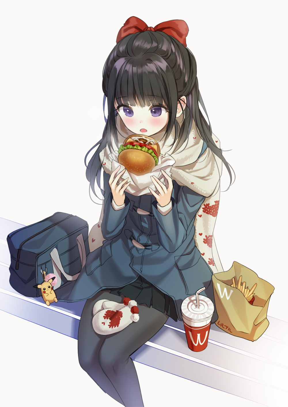 1girl bag bangs black_legwear black_skirt blue_bag blue_coat blush bow charm_(object) cup drinking_straw eyebrows_visible_through_hair fast_food food french_fries hair_bow hamburger highres holding holding_food legs_together long_hair long_sleeves mcdonald's mittens_removed mullpull open_mouth original pantyhose paper_bag pikachu pleated_skirt red_bow scarf school_bag shiny shiny_hair shoulder_bag simple_background sitting sketch_eyebrows skirt solo violet_eyes white_background white_mittens white_scarf wrapper