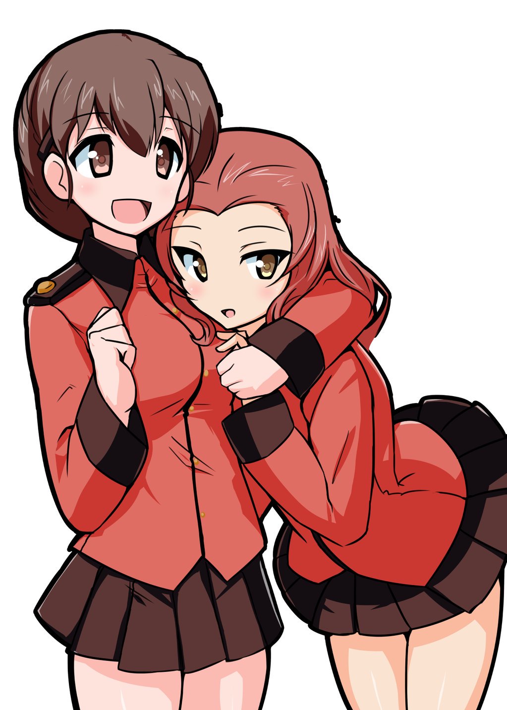 2girls aegis_(nerocc) arm_around_neck bangs black_skirt braid brown_eyes brown_hair commentary cowboy_shot epaulettes eyebrows_visible_through_hair girls_und_panzer highres jacket long_hair long_sleeves looking_at_viewer looking_to_the_side military military_uniform miniskirt multiple_girls open_mouth pleated_skirt red_jacket redhead rosehip rukuriri short_hair simple_background single_braid skirt smile st._gloriana's_military_uniform uniform white_background