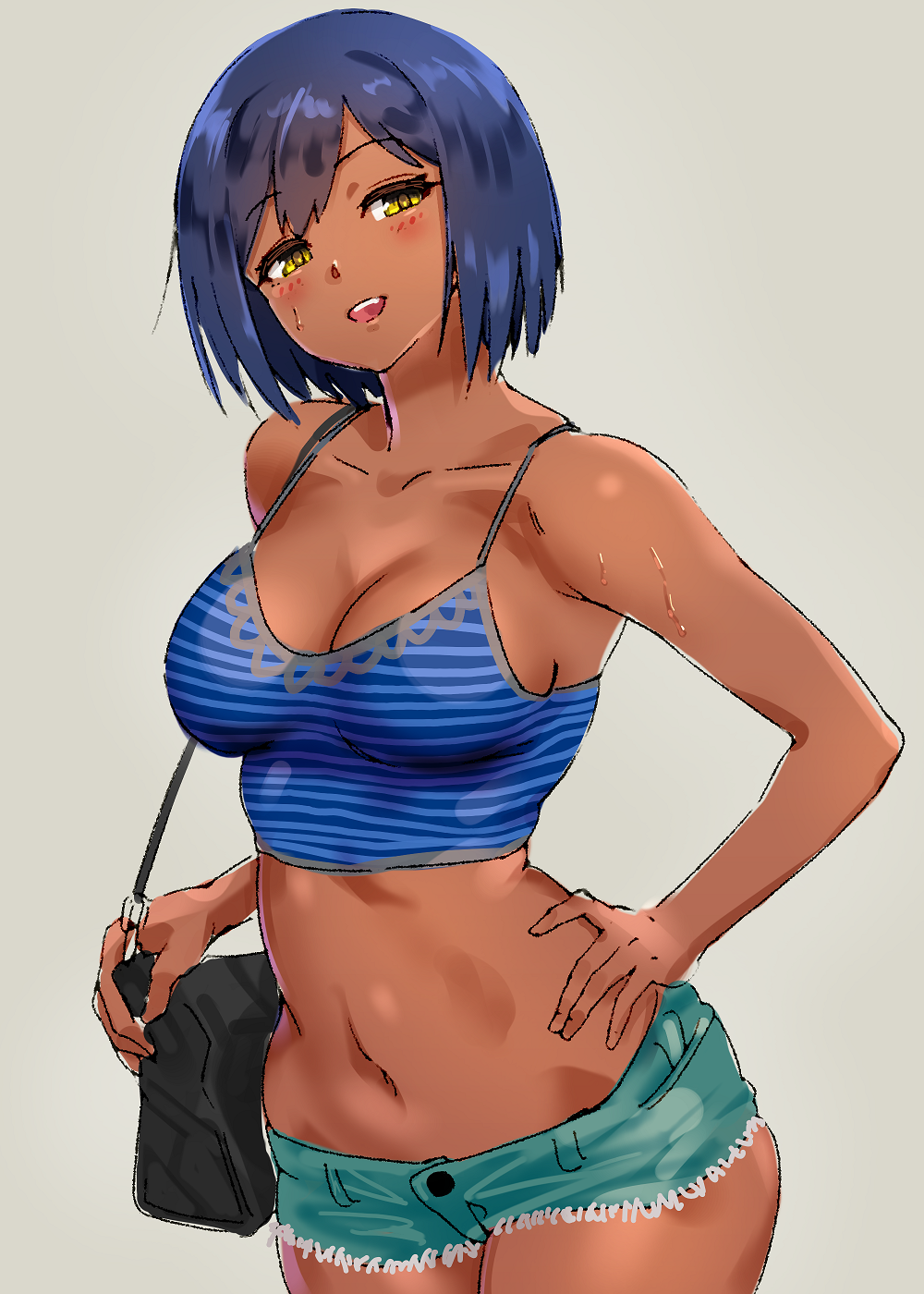 1girl bag bangs bare_shoulders blue_hair blush breasts camisole cleavage crop_top cutoffs dark_skin dokiyuri eyebrows_visible_through_hair green_shorts grey_background handbag head_tilt highres large_breasts looking_at_viewer midriff navel nijisanji open_mouth shirt shizuka_rin short_hair short_shorts shorts smile solo stomach striped striped_shirt sweat vertical-striped_shirt vertical_stripes virtual_youtuber yellow_eyes