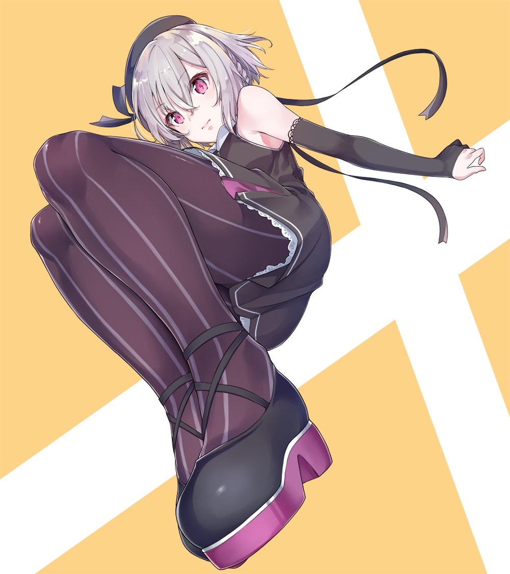 1girl bare_shoulders beret black_dress black_gloves braid dress elbow_gloves gloves hat konnyaku_(kk-monmon) original pantyhose purple_legwear silver_hair sitting sleeveless sleeveless_dress solo violet_eyes