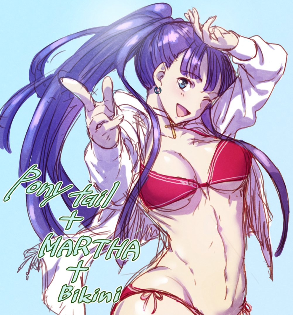 1girl ;d alternate_hairstyle aoba_(smartbeat) arm_up bikini blue_background blue_eyes breasts choker earrings fate/grand_order fate_(series) hair_over_shoulder jacket jewelry long_hair medium_breasts navel one_eye_closed open_clothes open_jacket open_mouth pink_bikini pinky_out pointing pointing_at_viewer ponytail purple_hair rosary saint_martha saint_martha_(swimsuit_ruler)_(fate) shading_face side-tie_bikini simple_background sketch smile solo swimsuit very_long_hair