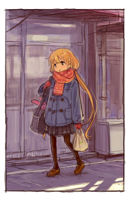 1girl :t bag blonde_hair brown_eyes coat commentary_request fugo full_body futaba_anzu grocery_bag idolmaster idolmaster_cinderella_girls loafers long_hair low_twintails mittens outdoors pantyhose pleated_skirt scarf shoes shopping_bag shoulder_bag sketch skirt solo stuffed_animal stuffed_bunny stuffed_toy twintails