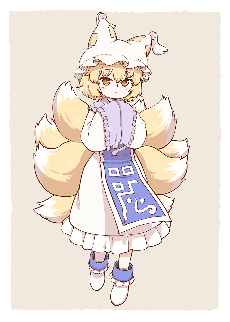 1girl blonde_hair dress fox_tail frilled_dress frills full_body hands_in_opposite_sleeves hat multiple_tails ofuda pillow_hat poronegi short_hair simple_background smile tabard tail touhou wide_sleeves yakumo_ran yellow_eyes