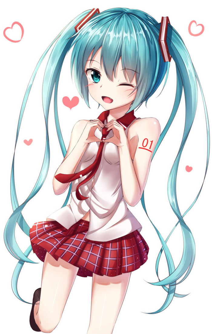 1girl ;d akira_(been0328) blue_eyes blue_hair dress_shirt eyebrows_visible_through_hair fang hair_between_eyes hair_ornament hatsune_miku heart heart_hands leg_up long_hair looking_at_viewer miniskirt necktie number one_eye_closed open_mouth pleated_skirt red_neckwear red_skirt shirt skirt sleeveless sleeveless_shirt smile solo standing standing_on_one_leg tattoo twintails very_long_hair vocaloid white_shirt