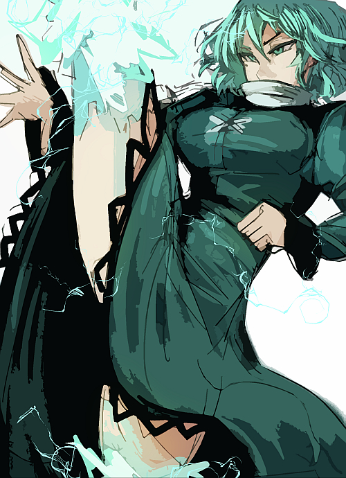 1girl commentary_request dress ghost_tail green_dress green_eyes green_hair hidden_mouth kicking leg_lift raised_eyebrows sketch soga_no_tojiko solo sparks terrajin touhou white_background