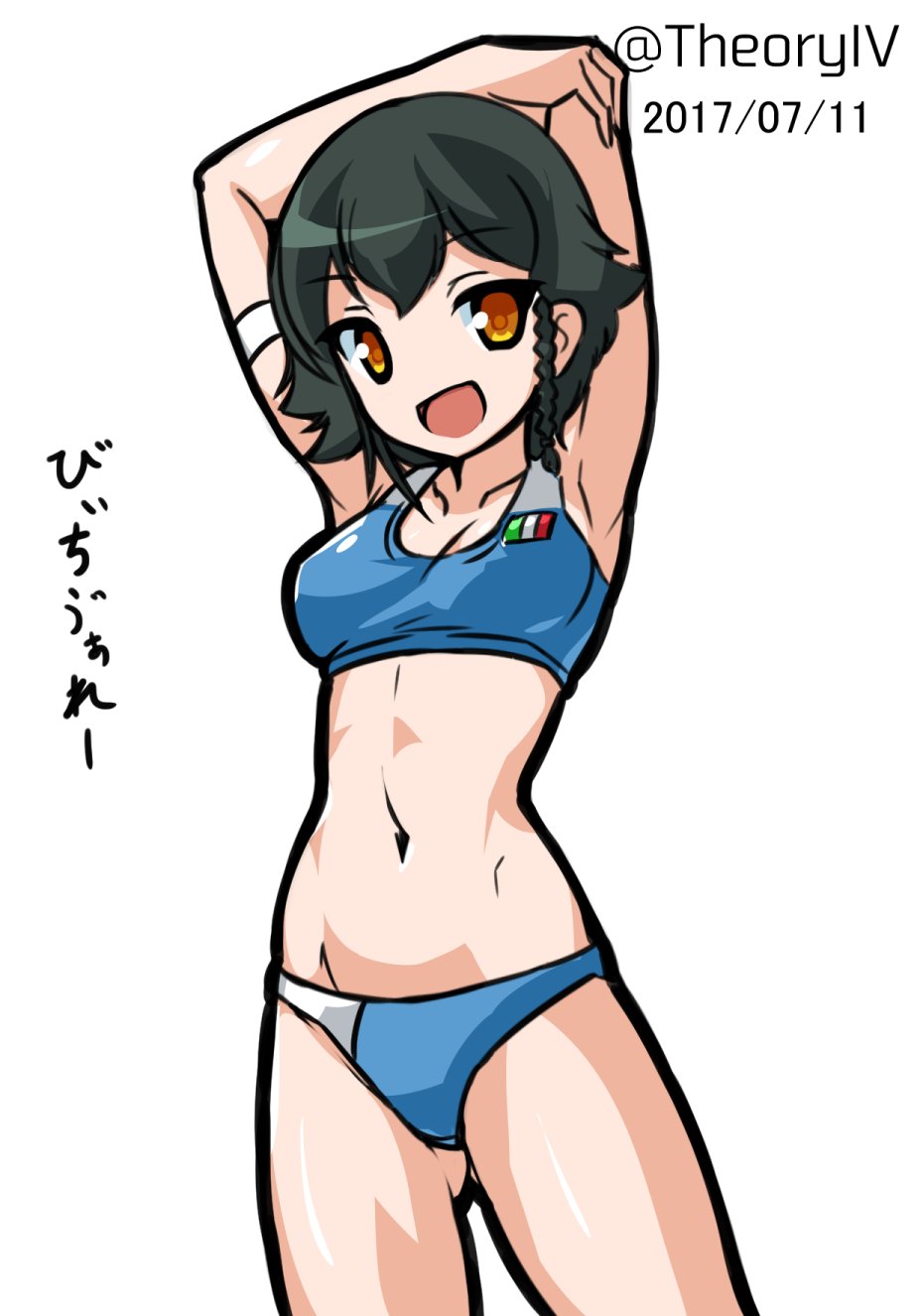 1girl aegis_(nerocc) armpits arms_behind_head arms_up bangs black_hair braid breasts brown_eyes commentary cowboy_shot dated eyebrows_visible_through_hair girls_und_panzer gluteal_fold highres italian_flag looking_at_viewer navel open_mouth pepperoni_(girls_und_panzer) short_hair side_braid simple_background small_breasts smile solo sports_bikini sports_bra standing translation_request twitter_username white_background