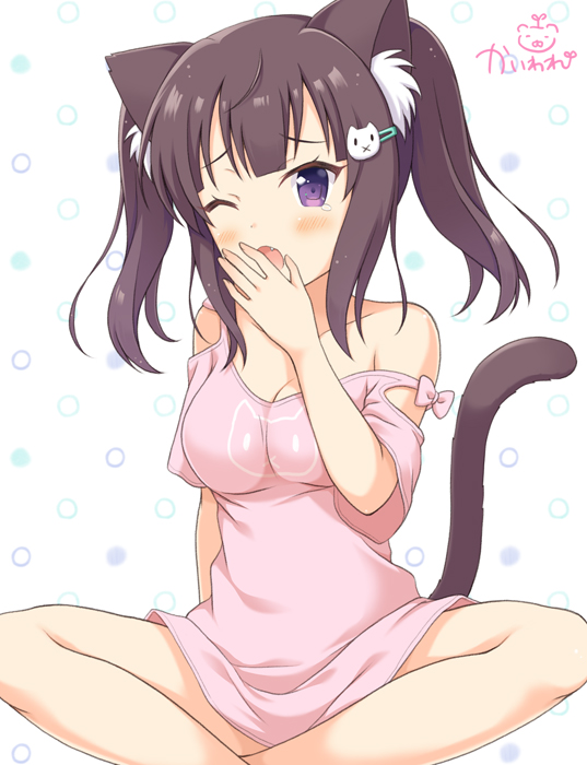 1girl ;o animal_ears bare_shoulders blush bow breasts brown_hair cat_ears cat_girl cat_hair_ornament cat_tail cleavage collarbone commentary_request crossed_ankles fang hair_ornament hairclip hand_to_own_mouth hand_up head_tilt kaiware-san long_hair medium_breasts one_eye_closed open_mouth original pink_bow pink_shirt polka_dot polka_dot_background shirt signature sitting sleepy solo strap_slip tail twintails violet_eyes white_background yawning