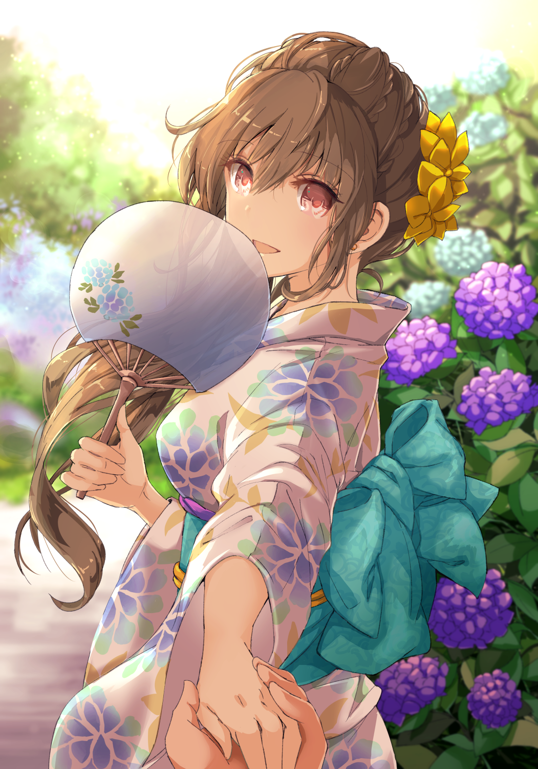 1girl :d aqua_bow back_bow bangs blue_flower bow braid brown_eyes brown_hair commentary_request day eyebrows_visible_through_hair fan floral_print flower hair_flower hair_ornament hair_over_shoulder hand_holding highres holding holding_fan hydrangea japanese_clothes kimono long_hair obi open_mouth original outdoors paper_fan pov pov_hands purple_flower sash shintou sidelocks smile solo_focus uchiwa wide_sleeves yellow_flower