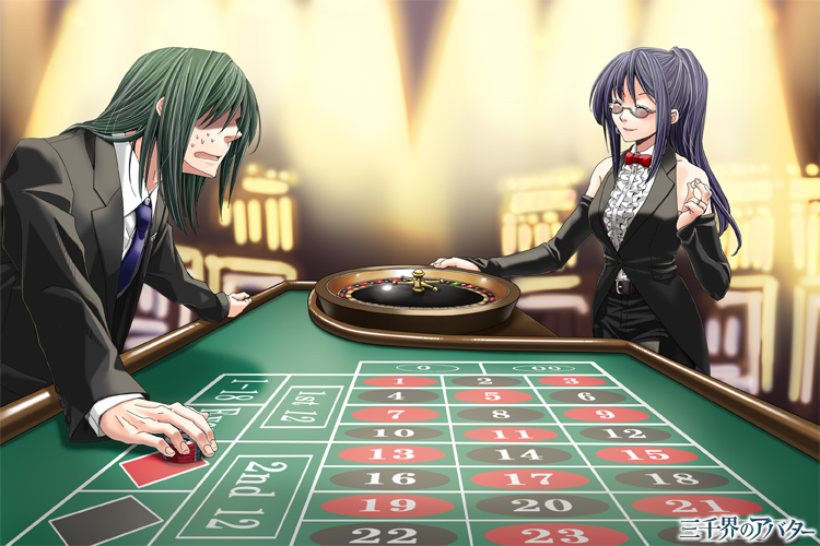 1boy 1girl blue_neckwear bow bowtie casino closed_eyes detached_sleeves formal frills glasses green_hair hair_over_eyes inside long_hair necktie official_art purple_hair red_neckwear roulette_table sanzenkai_no_avatar smile standing suit sunglasses sweat sweating_profusely watermark