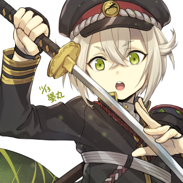 1boy byakuya0315 character_name close-up dated green_eyes hat hotarumaru male_focus military military_hat military_uniform ootachi silver_hair solo touken_ranbu uniform