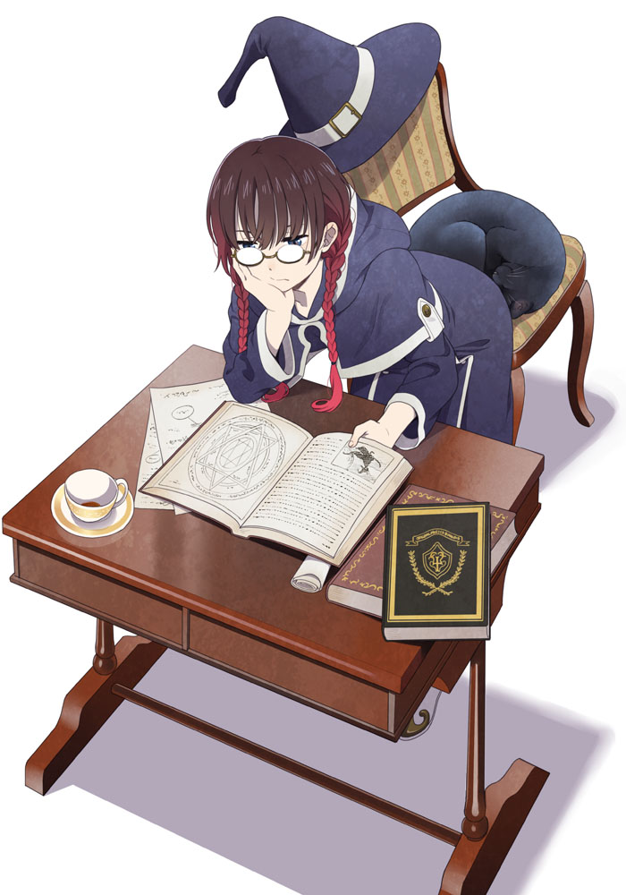 1girl bangs black_cat black_eyes blue_capelet book book_stack braid brown_hair capelet cat chair chin_rest cup desk elbows_on_table frown hat hat_removed headwear_removed hood hood_down hooded_capelet leaning_forward leaning_on_object magic_circle mattaku_mousuke multicolored_hair open_book original paper reading redhead saucer solo teacup twin_braids white_background witch witch_hat