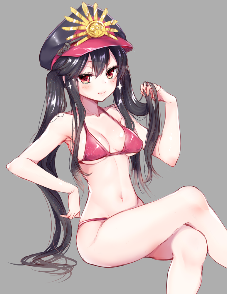 &gt;:) 1girl armpits ayuma_sayu bangs bare_arms bare_legs bare_shoulders bikini black_hair black_hat blush breasts cleavage closed_mouth collarbone commentary_request fate/grand_order fate_(series) grey_background halterneck hat invisible_chair legs_crossed long_hair medium_breasts navel oda_nobunaga_(fate) peaked_cap playing_with_own_hair red_bikini red_eyes shiny shiny_hair sidelocks simple_background sitting smile solo sparkle stomach swimsuit thighs tsurime twintails v-shaped_eyebrows very_long_hair