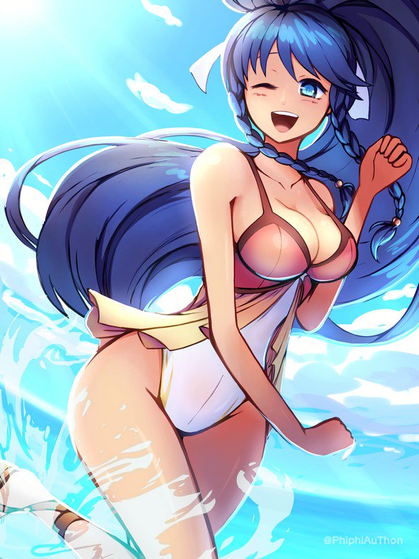 1girl blue_eyes blue_hair braid breasts fire_emblem fire_emblem:_seima_no_kouseki fire_emblem_heroes long_hair looking_at_viewer navel one-piece_swimsuit one_eye_closed open_mouth pegasus_knight phiphi-au-thon ponytail smile solo swimsuit tana twin_braids water