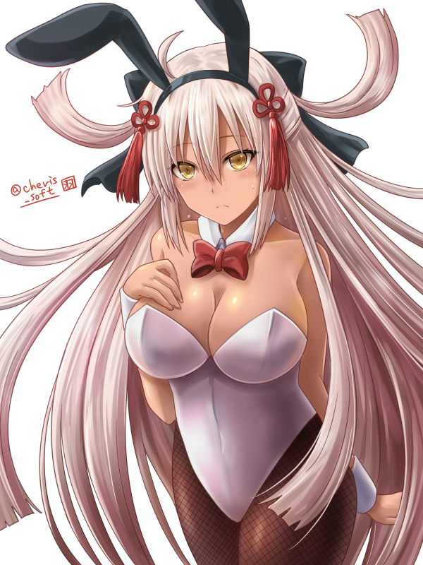 1girl alternate_costume bare_shoulders blush bow breasts bunnysuit cleavage commentary dark_skin fate/grand_order fate_(series) fishnet_pantyhose fishnets frown hair_between_eyes hair_bow hair_ornament hand_on_own_chest haura_akitoshi large_breasts long_hair okita_souji_(alter)_(fate) okita_souji_(fate)_(all) pantyhose simple_background solo tassel very_long_hair watermark white_background white_hair wrist_cuffs yellow_eyes