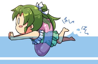 1girl blush_stickers chibi comic commentary_request green_hair hair_ribbon innertube kantai_collection long_hair lowres one-piece_swimsuit outstretched_arms ribbon sakimiya_(inschool) solo swimming swimsuit translation_request twintails water younger zuikaku_(kantai_collection)