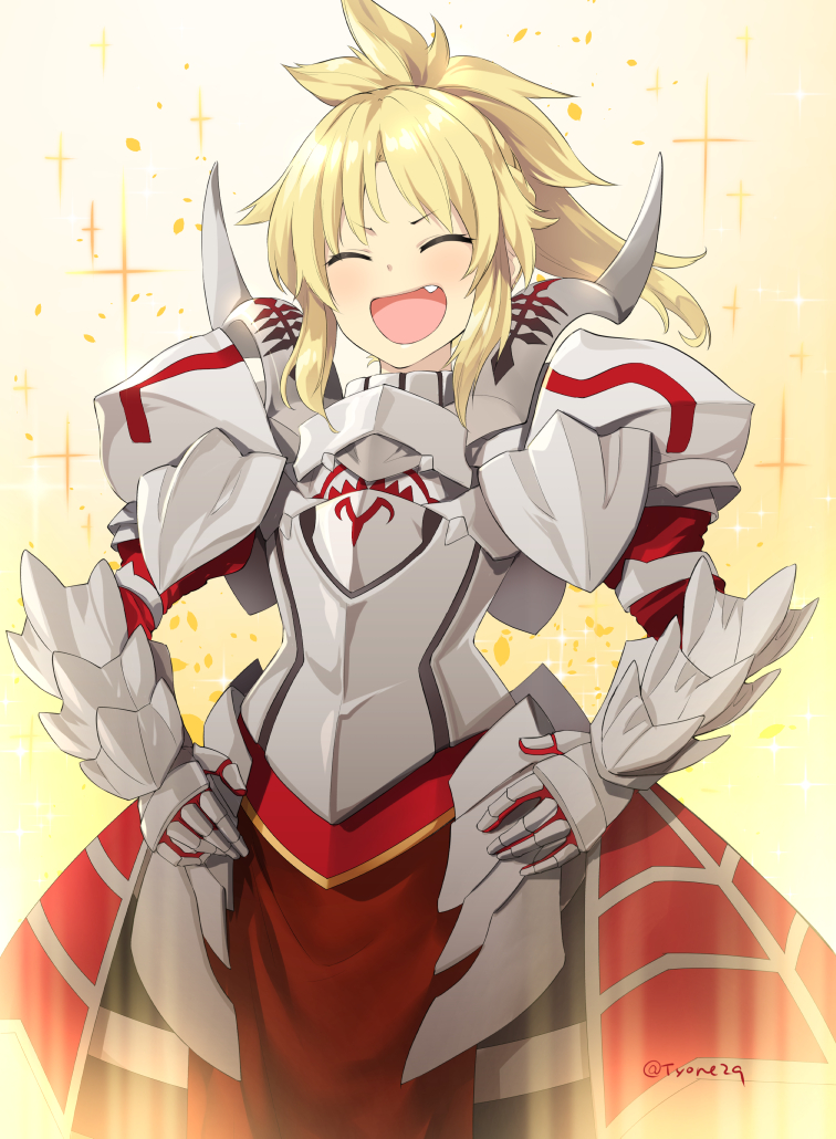 1girl :d ^_^ armor artist_name bangs blonde_hair blush closed_eyes cowboy_shot eyebrows_visible_through_hair facing_viewer fang fate/apocrypha fate/grand_order fate_(series) gauntlets hands_on_hips head_tilt high_ponytail laughing long_hair mordred_(fate) mordred_(fate)_(all) open_mouth ponytail smile solo sparkle twitter_username tyone v-shaped_eyebrows