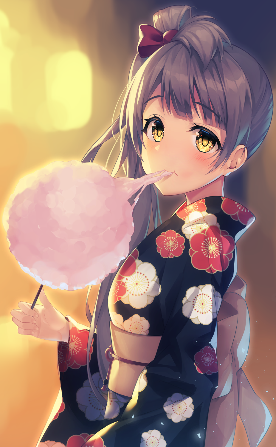 1girl black_kimono bow cotton_candy eating floral_print food grey_hair hair_bow highres holding holding_food japanese_clothes kimono kokkeina_budou long_hair long_sleeves looking_at_viewer love_live! love_live!_school_idol_festival love_live!_school_idol_project minami_kotori night obi one_side_up red_bow sash solo upper_body wide_sleeves yellow_eyes