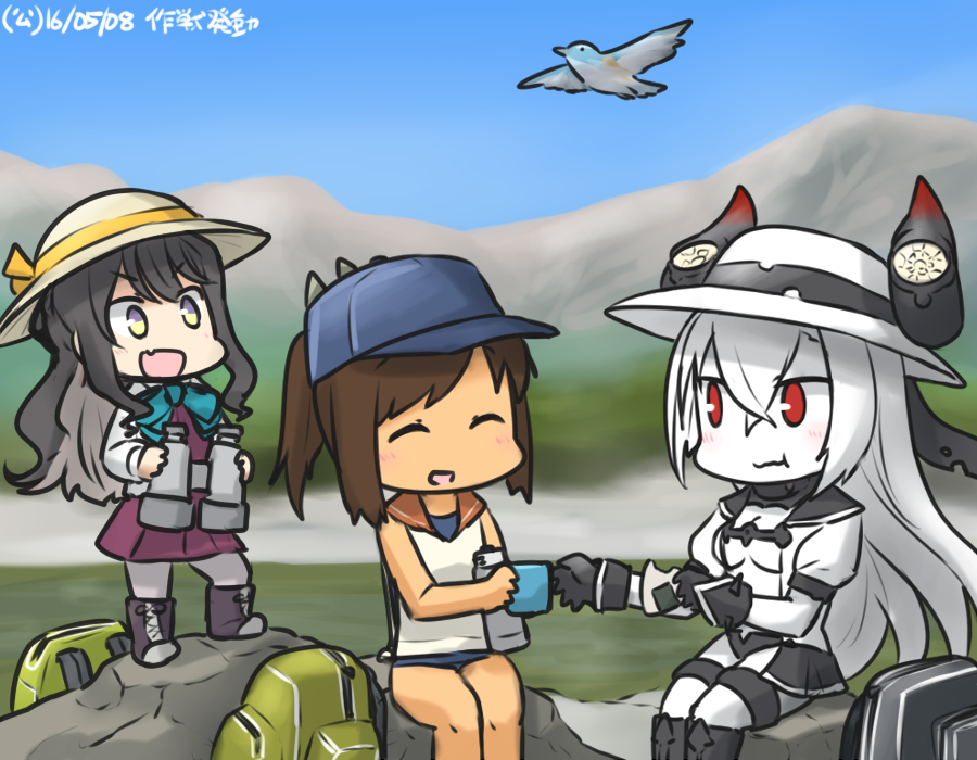 3girls :d air_defense_hime backpack bag binoculars black_footwear black_hair blouse boots brown_hair commentary_request cross-laced_footwear dated dress eating fang food gloves hamu_koutarou hat i-401_(kantai_collection) kantai_collection lace-up_boots long_hair mountain multicolored_hair multiple_girls naganami_(kantai_collection) onigiri open_mouth pleated_skirt ponytail red_eyes school_uniform shinkaisei-kan short_ponytail skirt sleeveless sleeveless_dress smile swimsuit swimsuit_under_clothes white_blouse white_hair
