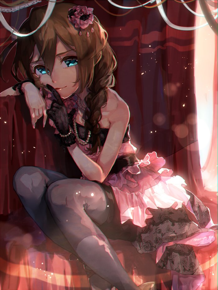 1girl arm_rest baba_konomi bare_shoulders blue_eyes braid brown_hair commentary_request dress flower frills gloves hair_flower hair_ornament hamada_(super_tachioyogi_kyousou) idolmaster idolmaster_million_live! looking_at_viewer pink_dress single_glove sitting smile solo strapless strapless_dress