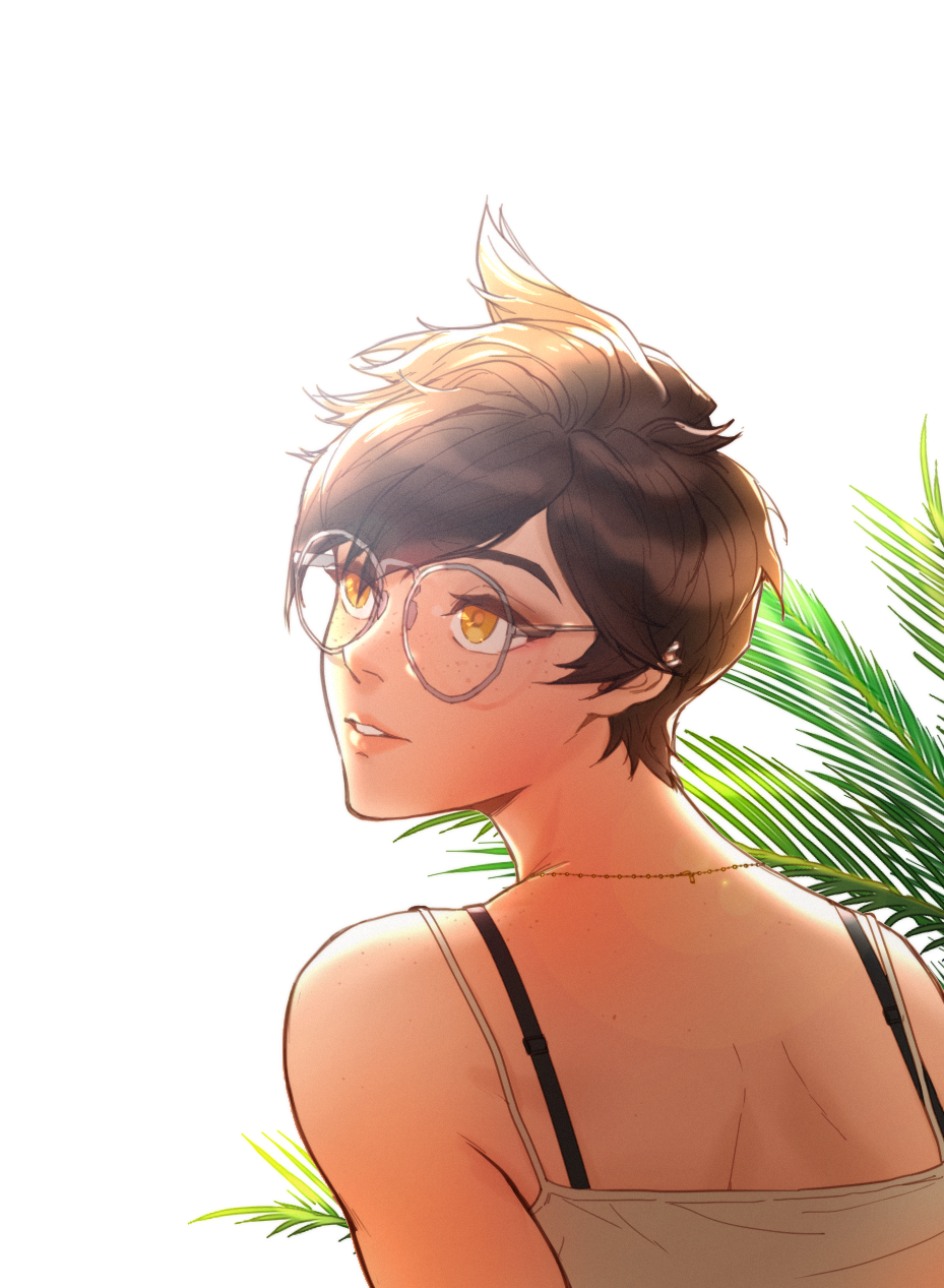 1girl bangs bare_shoulders bespectacled brown_hair ear_piercing ecila freckles from_behind glasses highres jewelry leaf looking_away makeup mascara necklace overwatch parted_lips piercing pink_lips plant round_eyewear short_hair shoulder_blades simple_background sleeveless solo spiky_hair strap teeth tracer_(overwatch) upper_body white_background yellow_eyes