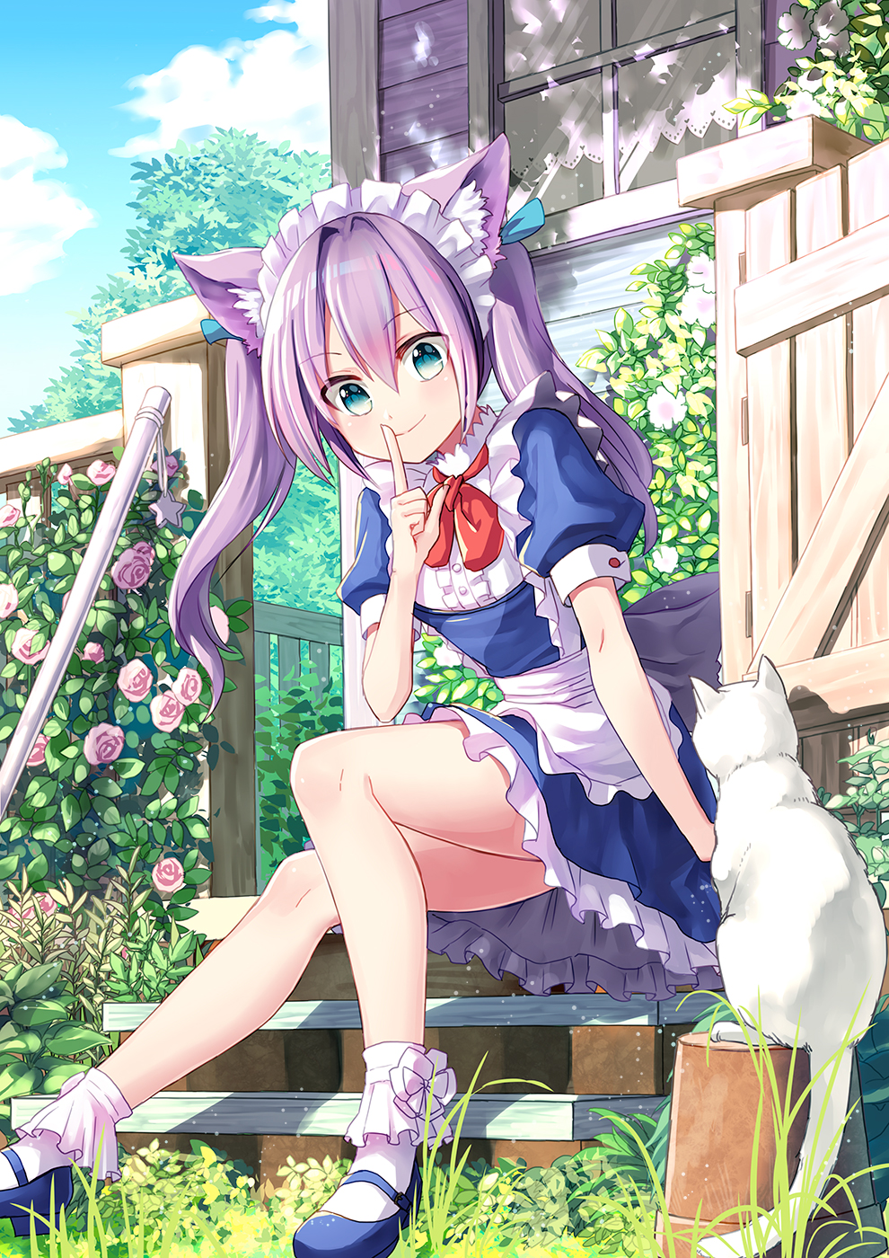 1girl animal_ears apron bangs blue_dress blue_eyes blue_footwear bobby_socks bow bowtie cat cat_ears center_frills coconat_summer commentary_request dress eyebrows_visible_through_hair finger_to_mouth flower flower_pot highres long_hair looking_at_animal maid maid_headdress mary_janes original outdoors pink_flower pink_rose porch purple_hair red_neckwear rose shoes short_sleeves shushing sitting socks solo stairs twintails waist_apron white_cat white_legwear window