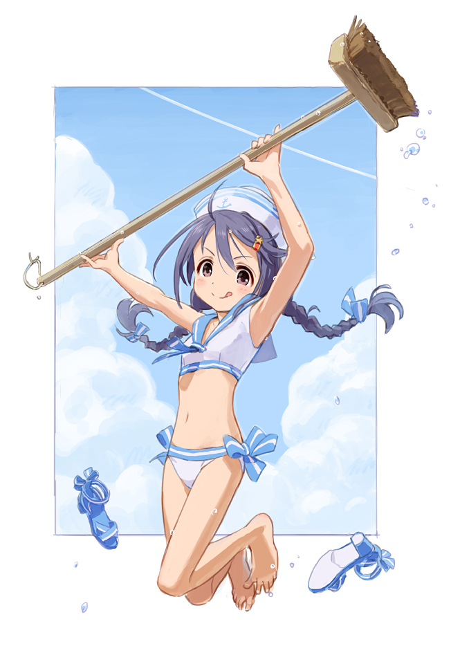 1girl :p anchor_symbol armpits arms_up barefoot bikini black_hair blush bow braid broom brown_eyes clouds commentary_request condensation_trail fugo full_body hair_bow hair_ornament hairclip hat high_heels holding holding_broom idolmaster idolmaster_cinderella_girls jumping long_hair miyoshi_sana navel sailor_bikini sailor_collar sailor_hat sailor_swimsuit_(idolmaster) shoes_removed sky smile solo striped striped_bow swimsuit tongue tongue_out twin_braids water water_drop