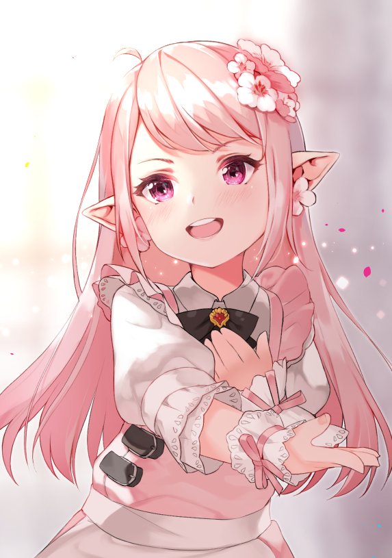 1girl dress earrings final_fantasy final_fantasy_xiv flower hair_flower hair_ornament hand_on_own_chest hoshi_usagi jewelry lalafell long_hair music open_mouth outstretched_arm pink_dress pink_eyes pink_hair pointy_ears singing solo upper_body