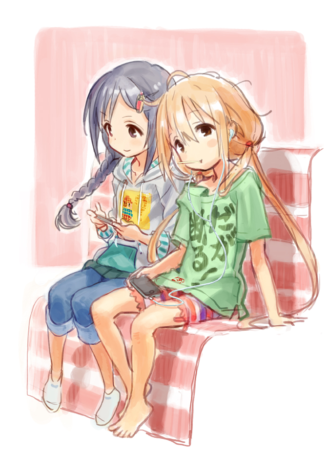 2girls barefoot bike_shorts black_hair blonde_hair blush_stickers braid brown_eyes cable cellphone clothes_writing denim drawstring earphones earphones eyebrows_visible_through_hair fugo full_body futaba_anzu hair_ornament hairclip hood hoodie idolmaster idolmaster_cinderella_girls long_hair looking_at_viewer low_twintails miyoshi_sana mouth_hold multiple_girls no_shoes phone playing_games shirt sitting sketch smartphone smile socks striped striped_bike_shorts t-shirt twin_braids twintails