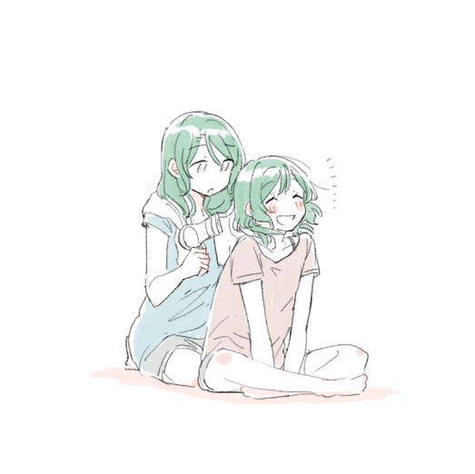 2girls :d ^_^ aqua_hair bang_dream! barefoot between_legs blush bowwow_(hamju94) bra_strap closed_eyes drying drying_hair eyebrows_visible_through_hair hair_dryer hand_between_legs hikawa_hina hikawa_sayo indian_style long_hair multiple_girls muted_color open_mouth shirt short_hair short_sleeves siblings simple_background sisters sitting smile t-shirt towel towel_around_neck twins white_background