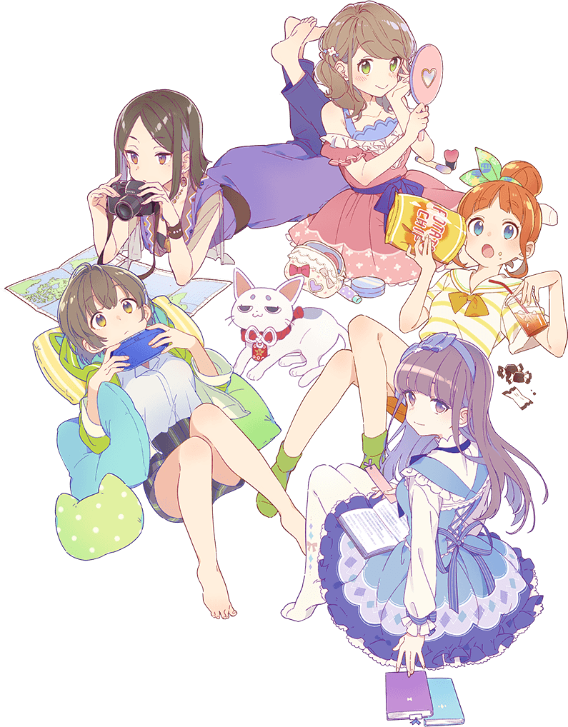 5girls arai_minamo artist_request bag bare_shoulders barefoot belt black_hair black_shirt blue_bow blue_dress blue_eyes blue_hairband blue_neckwear blue_pillow blush body_blush book book_on_lap bookmark bow bowtie bracelet breasts brown_belt brown_earrings brown_eyes camera cat cat_pillow cup dress dress_bow drinking_glass earrings eating enishi_(himote_house) eyebrows_visible_through_hair eyes_visible_through_hair flower food food_on_face frilled_dress frills game_console gradient_eyes green_eyes green_hairband green_hoodie green_jacket green_legwear green_pillow grey_eyes grey_shorts hair_bun hair_flower hair_ornament hair_over_shoulder hairband hand_on_own_cheek handbag himote_house himote_kinami himote_kokoro himote_tokiyo holding holding_camera holding_controller holding_drinking_glass holding_mirror hongou_tae hood hooded_jacket jacket jewelry key_visual knees_together_feet_apart large_breasts layered_dress legs_up light_brown_hair long_hair looking_at_viewer low_twintails lying map medium_breasts mole mole_under_eye multicolored multicolored_eyes multicolored_hair multiple_girls necklace off_shoulder official_art on_back on_stomach open_mouth orange_eyes orange_hair orange_juice orange_neckwear orange_skirt pants pantyhose parted_lips pink_dress polka_dot_pillow print_dress print_hairband print_legwear puffy_short_sleeves puffy_sleeves purple_dress purple_hair purple_pants shiny shiny_hair shirt short_hair short_shorts short_sleeves short_twintails shorts sitting skirt smile socks streaked_hair striped striped_pillow striped_shirt thick_eyebrows tongue transparent_background twintails vertical-striped_pillow vertical-striped_shorts vertical_stripes white_cat white_frills white_legwear white_shirt yellow_eyes yokozuwari