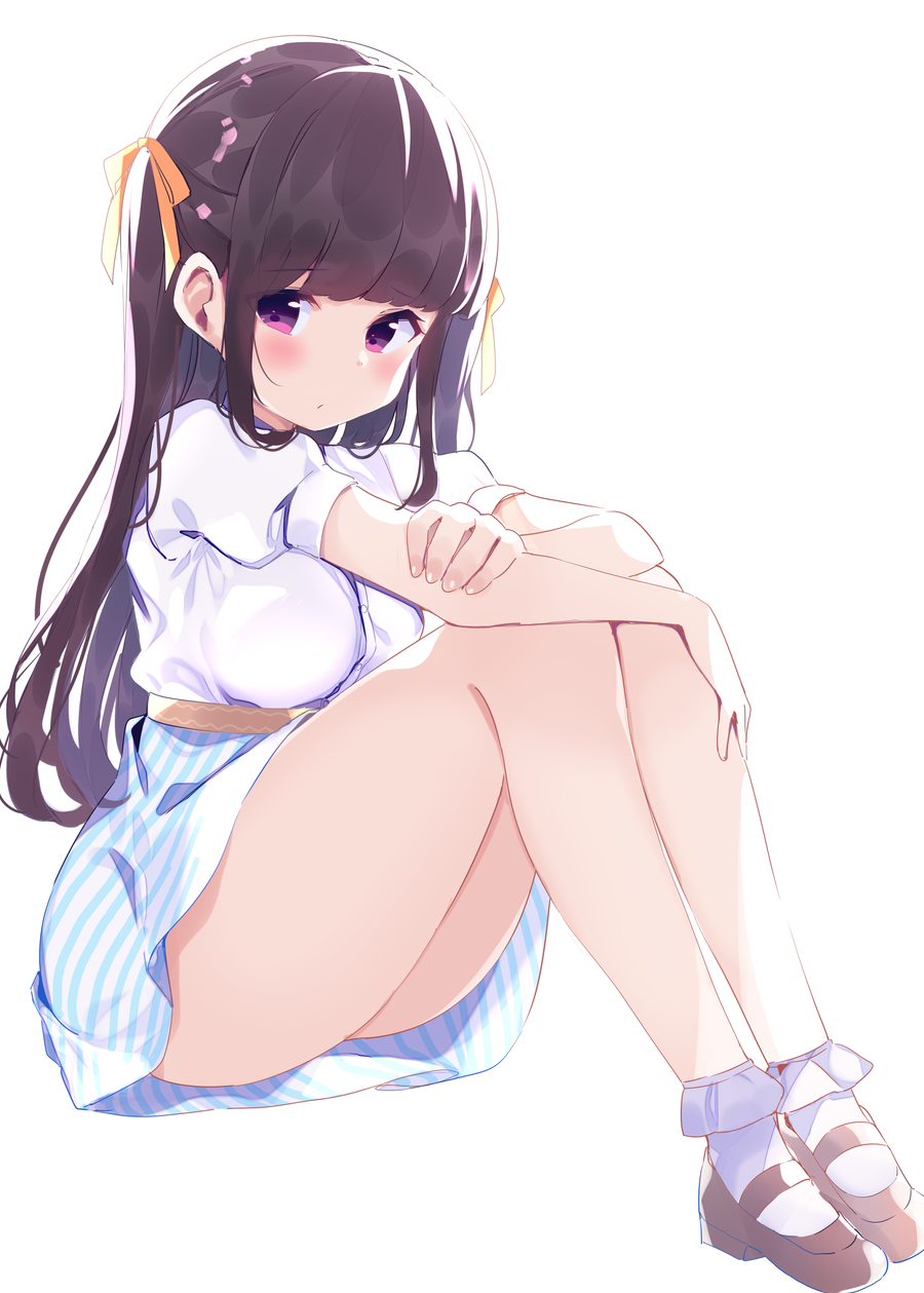 1girl arms_on_knees bangs bare_legs black_hair blunt_bangs blush breasts brown_footwear casual chikuwa. closed_mouth commentary_request eyebrows_visible_through_hair full_body hair_ribbon highres knees_up medium_breasts original puffy_short_sleeves puffy_sleeves ribbon shirt_tucked_in shoes short_sleeves simple_background sitting skirt socks solo striped striped_skirt thighs vertical_stripes violet_eyes white_background white_legwear yellow_ribbon